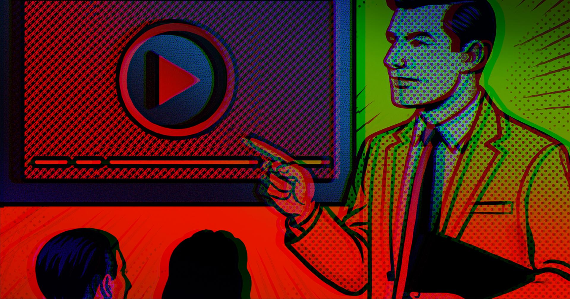 Spreker wijst naar een scherm met een afspeelknop: video in je presentatie